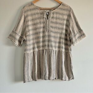 D & Co Women's Large Shirt Beige Stripe Raw Hem Linen Blend Boho Beach Lagenlook